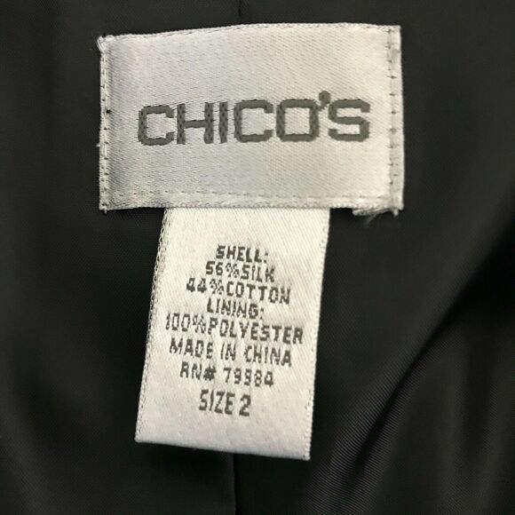 Chicos Blazer Jacket‎ Womens Sz 2 12 Large Black Pattern Tafetta Silk Cotton - Picture 9 of 11